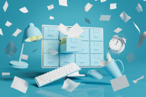 monitor with file cabinets, alarm clock, lamp, milk cup and sheets of paper flying around. concept of organization, online storage, chaos and work at home. 3d rendering